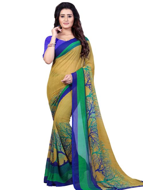beige georgette printed saree with blouse - 16426861 - Very Small Image - 1