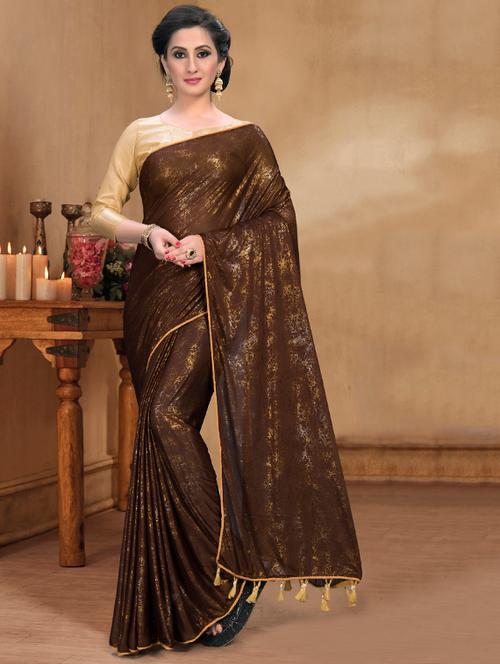 brown silk blend plain saree with blouse - 16428081 - Very Small Image - 1