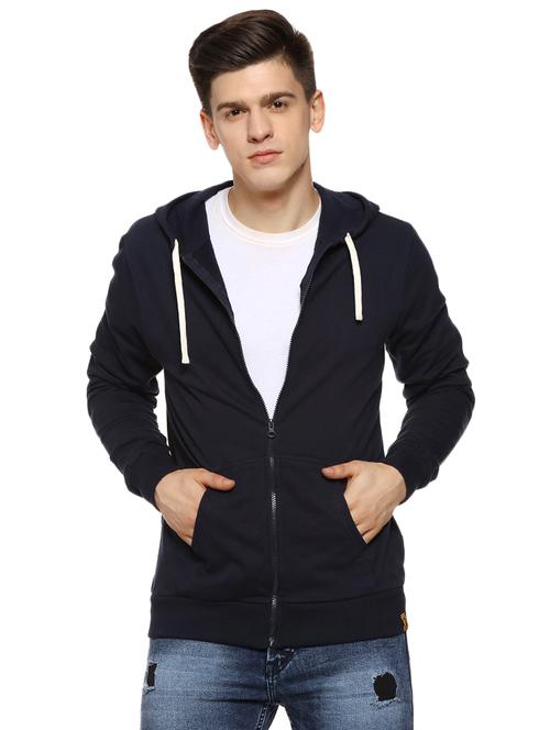 navy blue solid hooded casual jacket - 16442827 - Very Small Image - 1