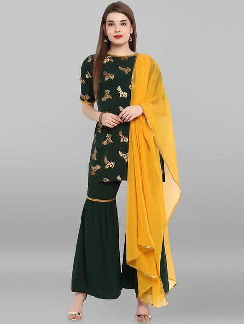 women green foil printed kurta sharara with dupatta set - 16445200 - Very Small Image - 1