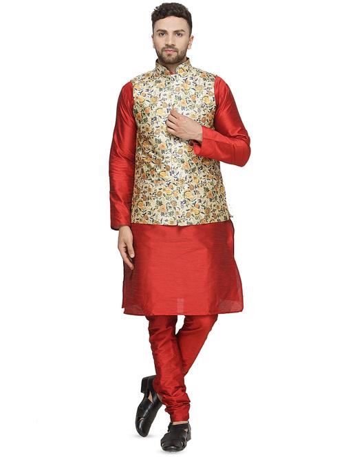 red dupion kurta pyjama set with nehru jacket - 16445579 - Very Small Image - 1