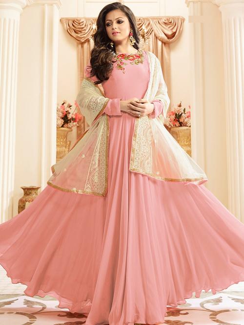 embroidered flared semi-stitched suit - 16446848 - Very Small Image - 1