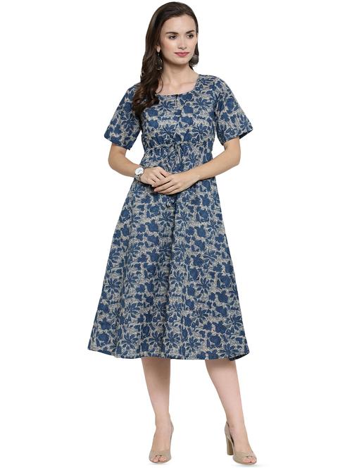 indigo printed a-line ethnic dress - 16450336 - Very Small Image - 1