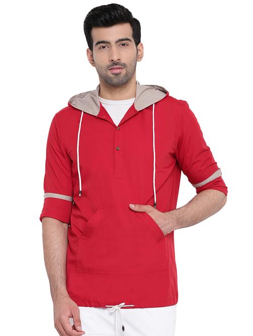 red solid hooded casual shirt - 16451309 - Very Small Image - 1
