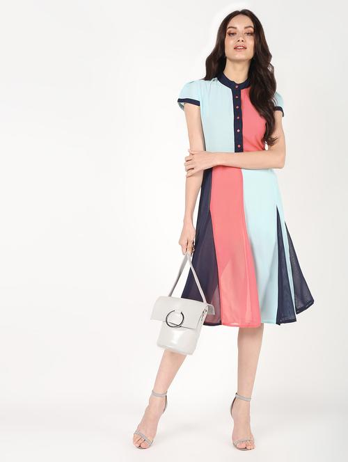 mandarin neck color block  a-line dress - 16457130 - Very Small Image - 1