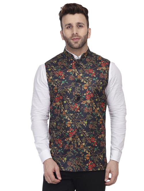 navy blue printed nehru jacket - 16457170 - Very Small Image - 1