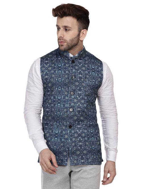 navy blue printed nehru jacket - 16457202 - Very Small Image - 1