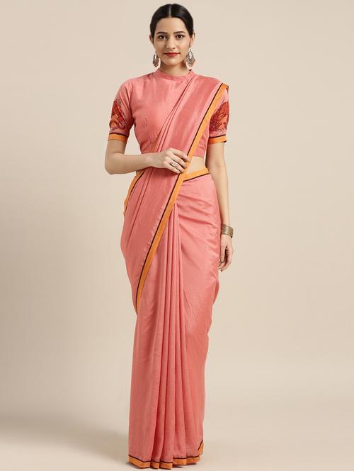 women's bordered nude colored saree with blouse - 16461689 - Very Small Image - 1