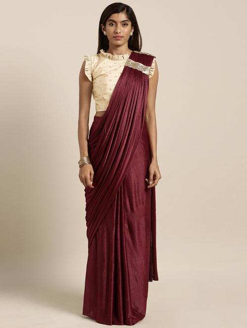 magenta crepe draped  saree with blouse - 16463133 - Very Small Image - 1