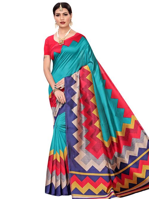 turquoise art silk printed saree with blouse - 16463830 - Very Small Image - 1