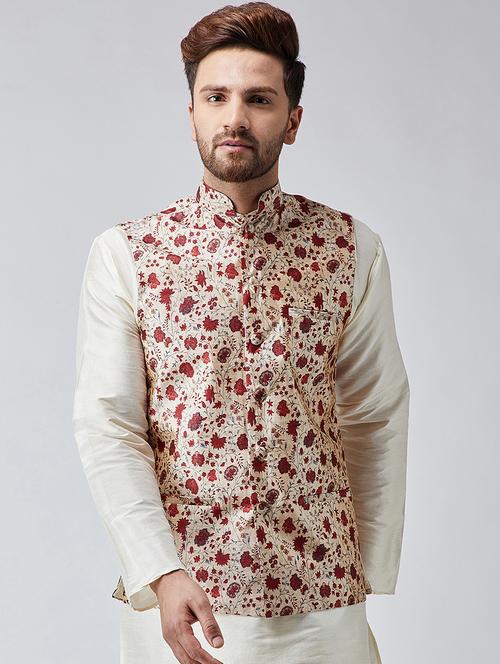 beige printed silk blend nehru jacket - 16465539 - Very Small Image - 1