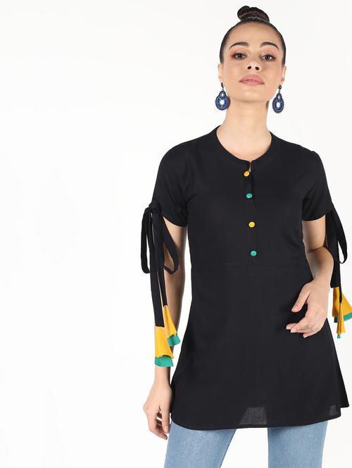 tassel tie up sleeved solid top - 16474384 - Very Small Image - 1