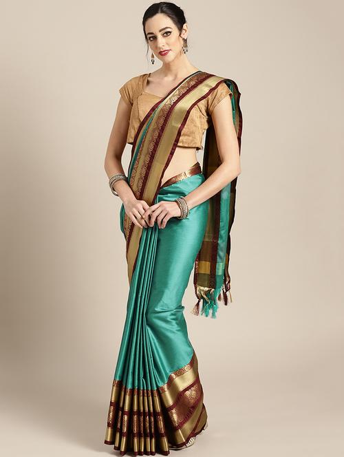 turquoise silk printed saree with blouse - 16484643 - Very Small Image - 1