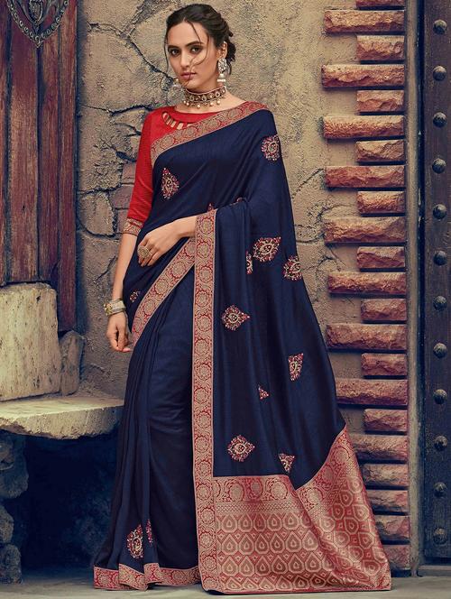 zari border embroidered saree with blouse - 16490149 - Very Small Image - 1