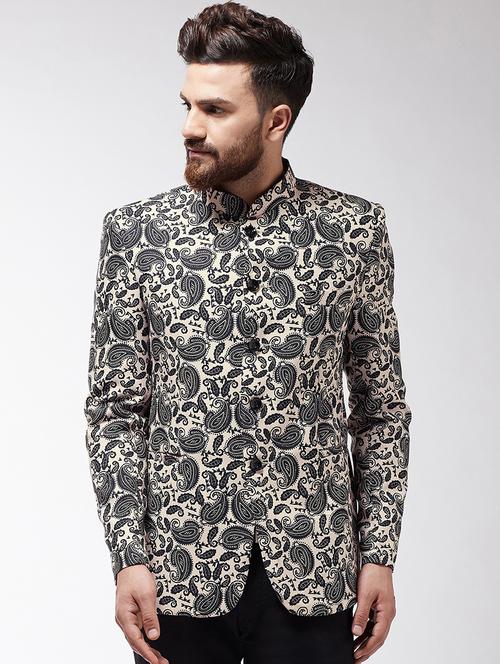 beige paisley printed bandhgala blazer - 16495457 - Very Small Image - 1