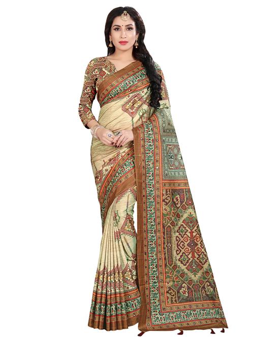 printed tussar saree with blouse - 16495686 - Very Small Image - 1