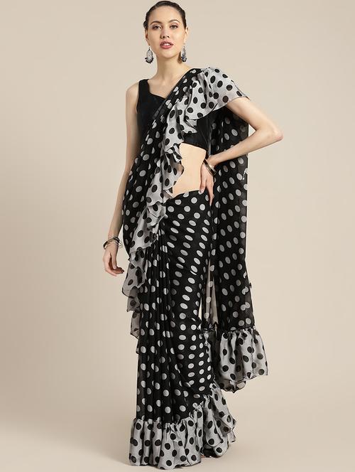 polka dots ruffled saree with blouse - 16495894 - Very Small Image - 1