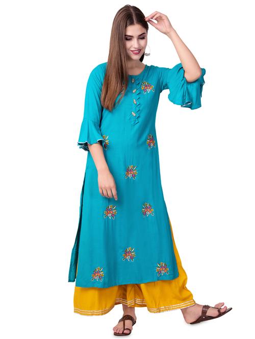 turquoise rayon kurta palazzo  set - 16496574 - Very Small Image - 1