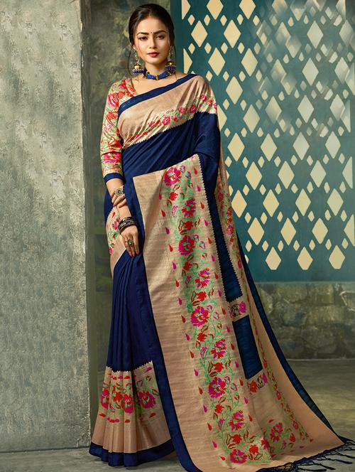 floral motifs woven saree with blouse - 16503063 - Very Small Image - 1