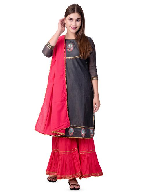 embroidered kurta sharara with dupatta set - 16509720 - Very Small Image - 1