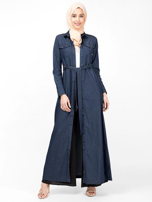 embroidered denim fit & flare cloaks & abaya - 16511883 - Very Small Image - 1