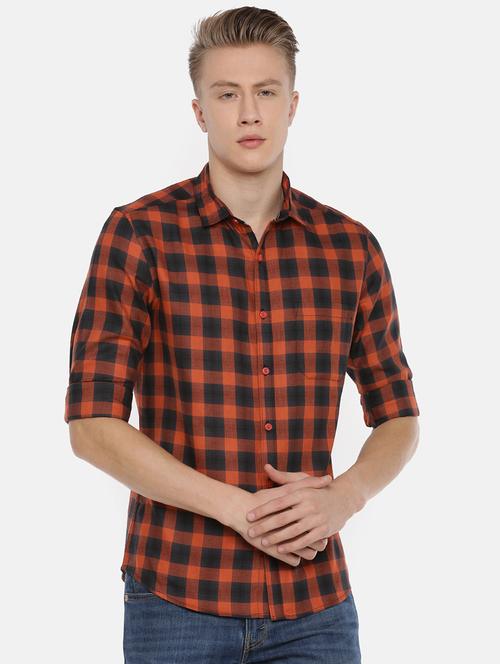 orange checkered casual shirt - 16516651 - Very Small Image - 1