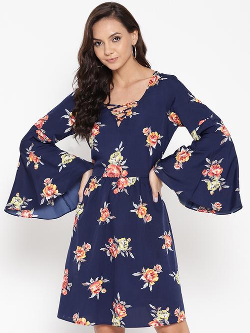 criss cross tie back neck floral a-line dress - 16524136 - Very Small Image - 1