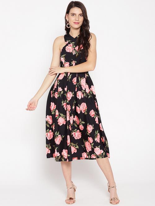 halter neck criss cross back floral a-line dress - 16524155 - Very Small Image - 1