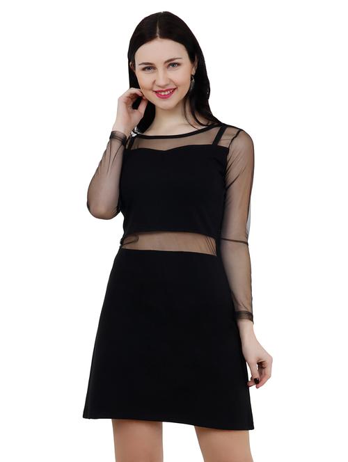 mesh detail solid a-line dress - 16526340 - Very Small Image - 1