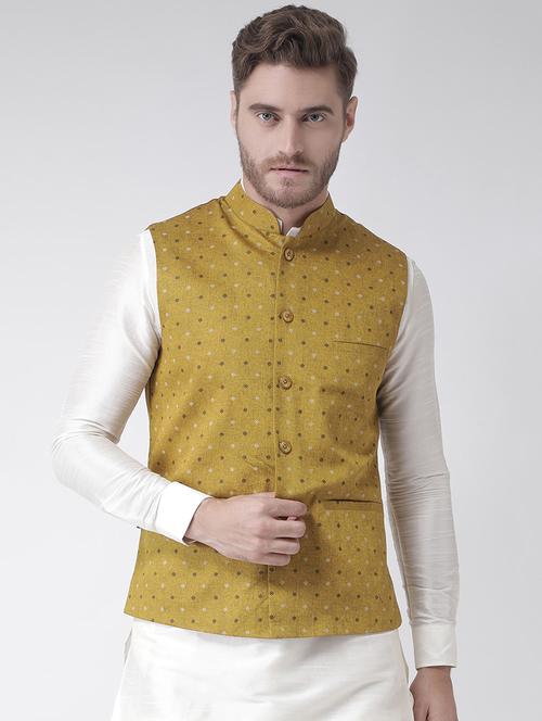 yellow linen printed nehru jacket - 16527475 - Very Small Image - 1