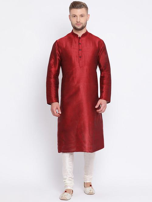 red silk blend kurta pyjama set - 16552960 - Very Small Image - 1