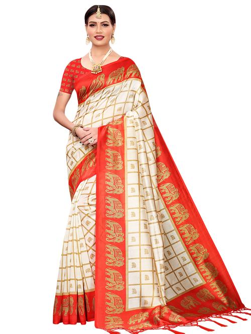 contrast bordered printed saree with blouse - 16554040 - Very Small Image - 1