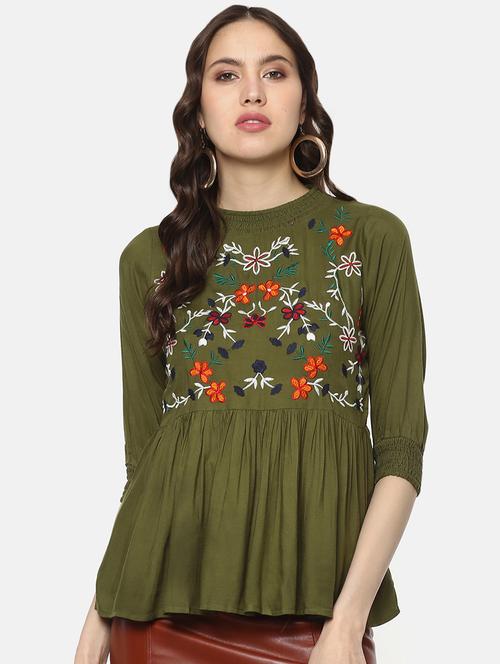 mock neck embroidered gathered top - 16562922 - Very Small Image - 1