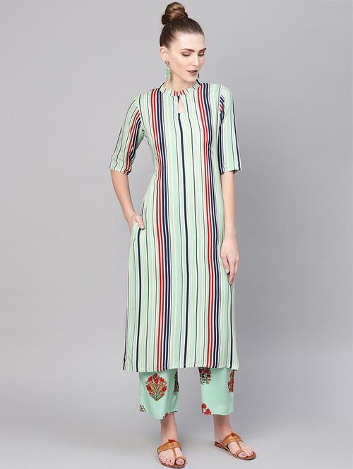 stripes straight kurta with palazzo set - 16567787 - Very Small Image - 1