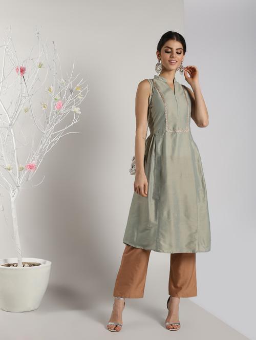 lace detailed solid flared kurta - 16568769 - Very Small Image - 1