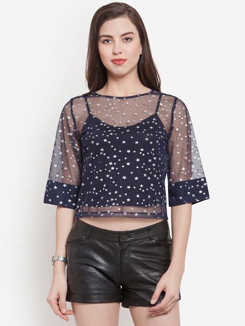 crew neck star print crop top - 16571644 - Very Small Image - 1