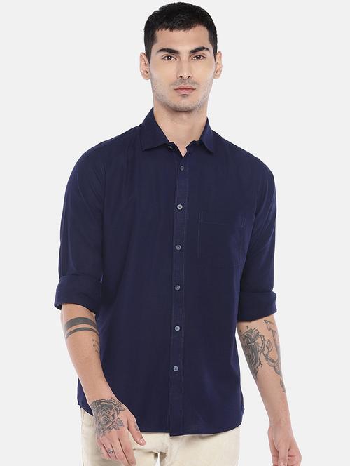 navy blue linen solid casual shirt - 16575500 - Very Small Image - 1