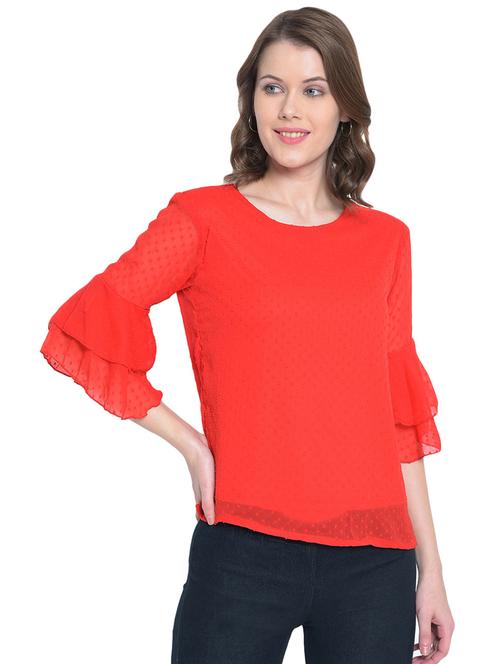 round neck bell sleeved dobby top - 16584648 - Very Small Image - 1