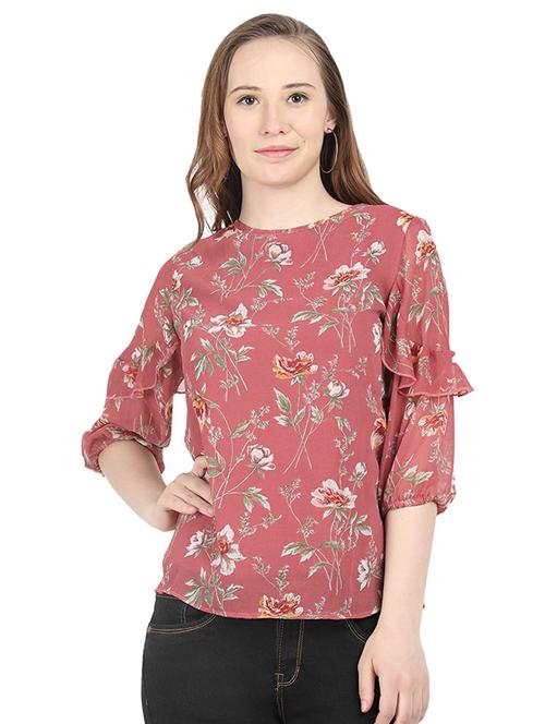 round neck floral ruffled detail top  - 16586859 - Very Small Image - 1