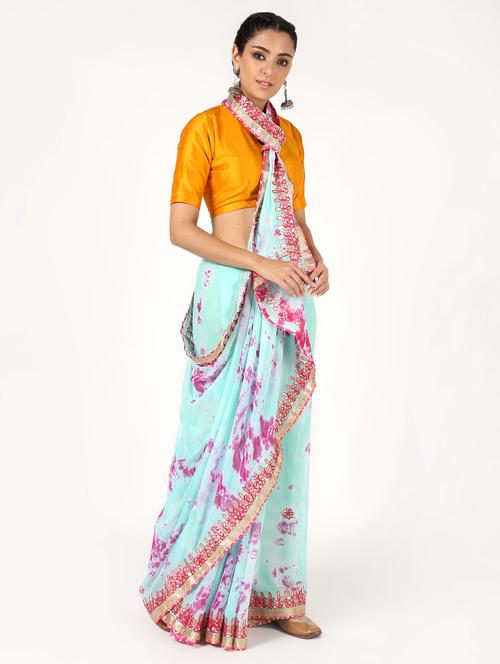 turquoise chiffon saree with blouse - 16593697 - Very Small Image - 1