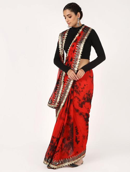 women's tie & dye red colored saree with blouse - 16593701 - Very Small Image - 1