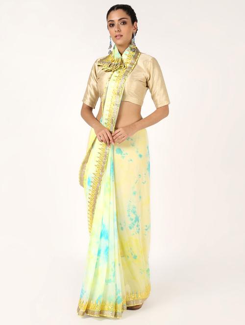 women's tie & dye yellow colored saree with blouse - 16593702 - Very Small Image - 1
