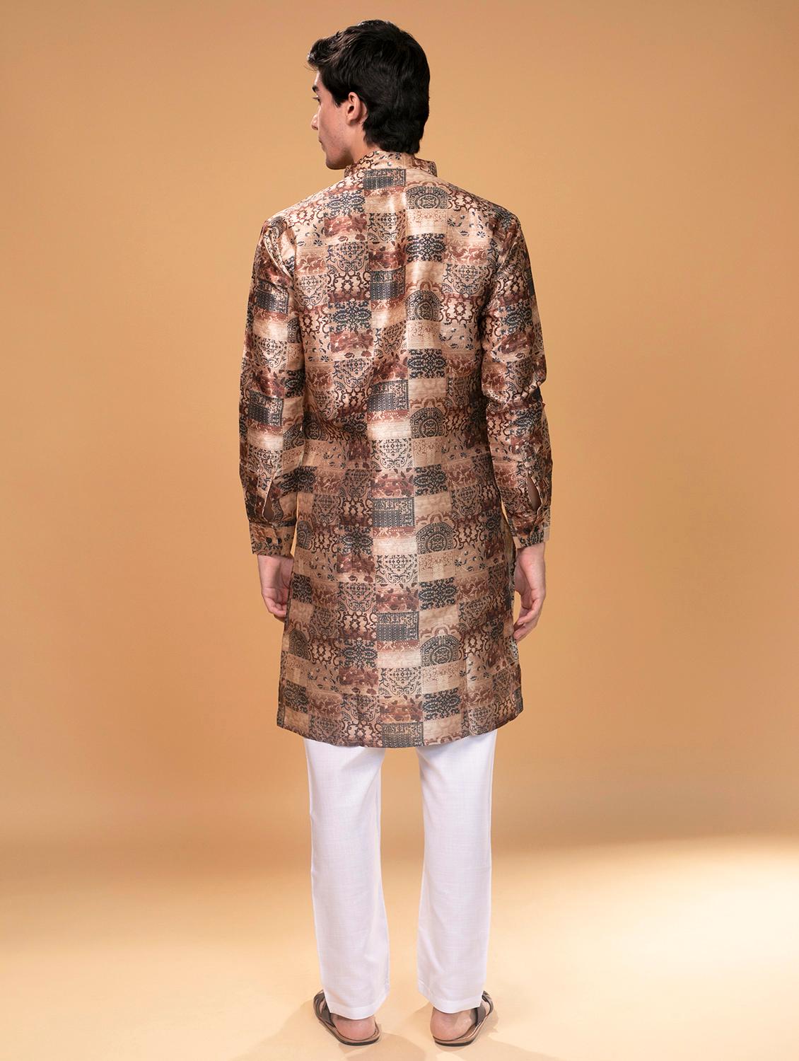 brown silk printed asymmetric kurta - 16599829 - Zoom Image - 3