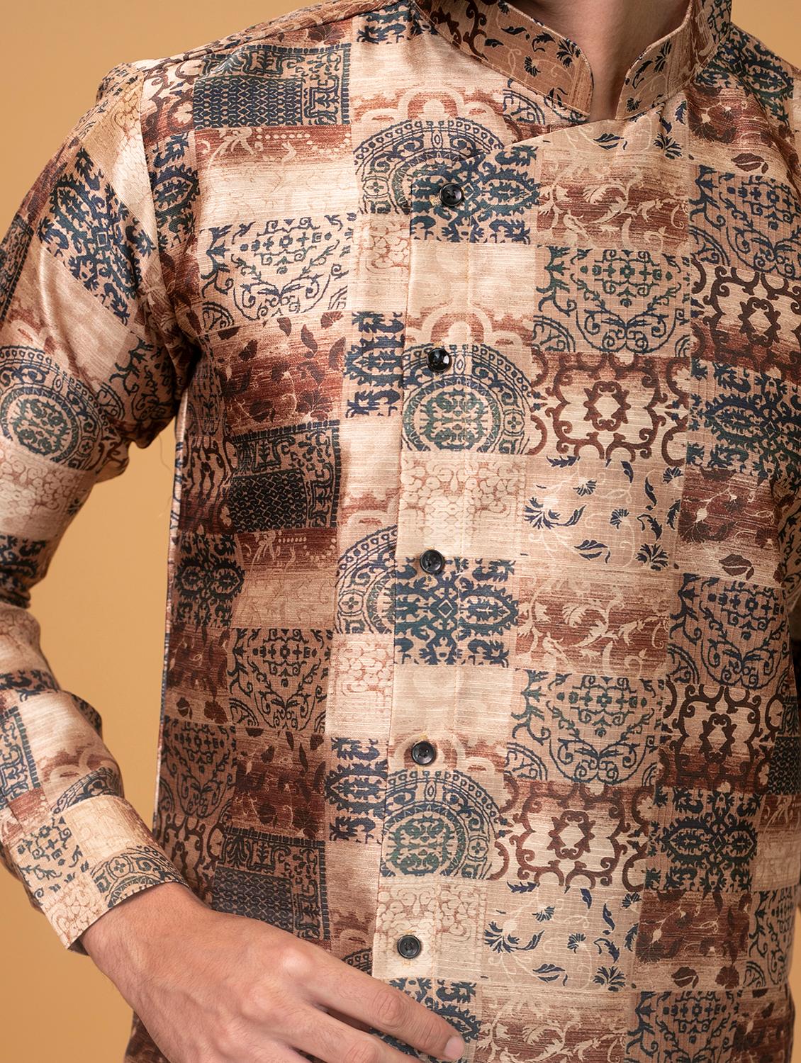 brown silk printed asymmetric kurta - 16599829 - Zoom Image - 4