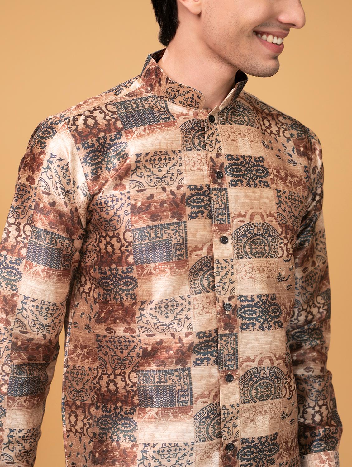 brown silk blend printed long kurta - 16599830 - Standard Image - 4