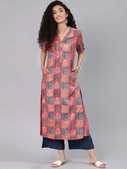 foil printed straight kurta - 16602837 - Very Small Image - 1