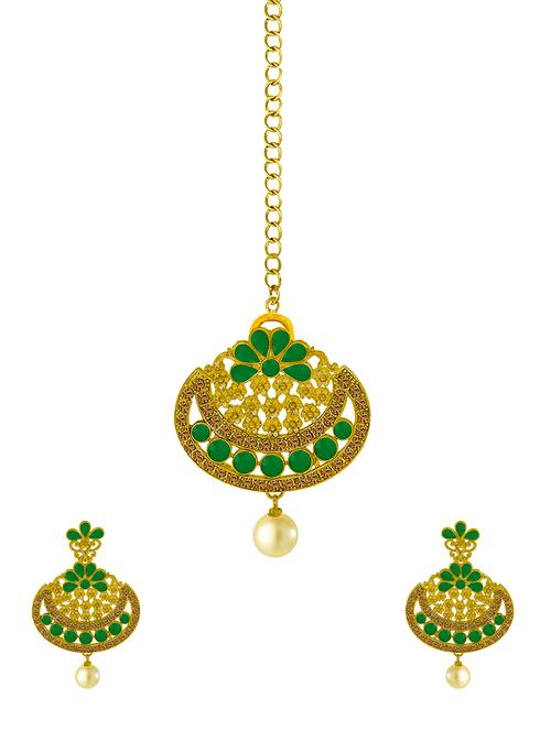 green metal chandellier earring maangtikka - 16605829 - Very Small Image - 1
