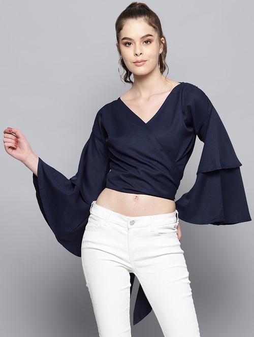 tie knot back bell sleeved wrap top - 16605885 - Very Small Image - 1