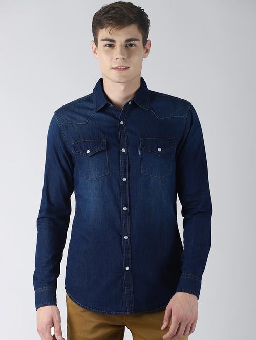 navy blue faded denim casual shirt - 16606460 - Very Small Image - 1