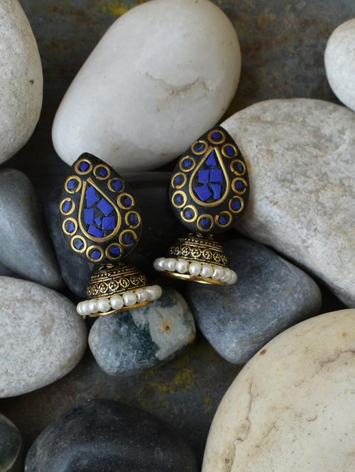 blue gold tone  jhumka earring - 16613624 - Very Small Image - 1